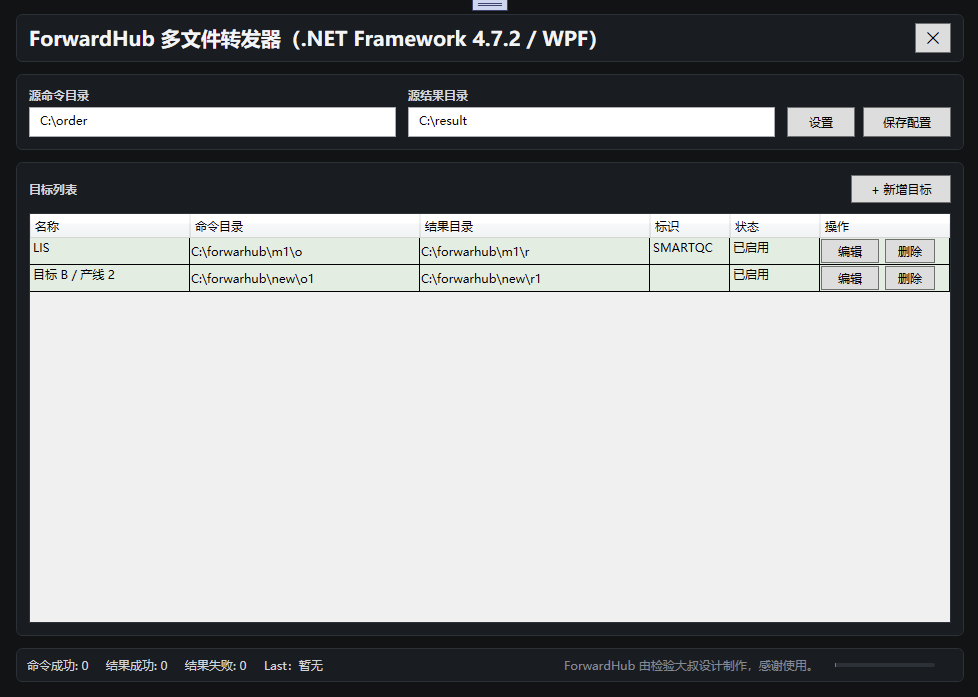 ForwardHub 主界面：源目录、目标列表与状态栏